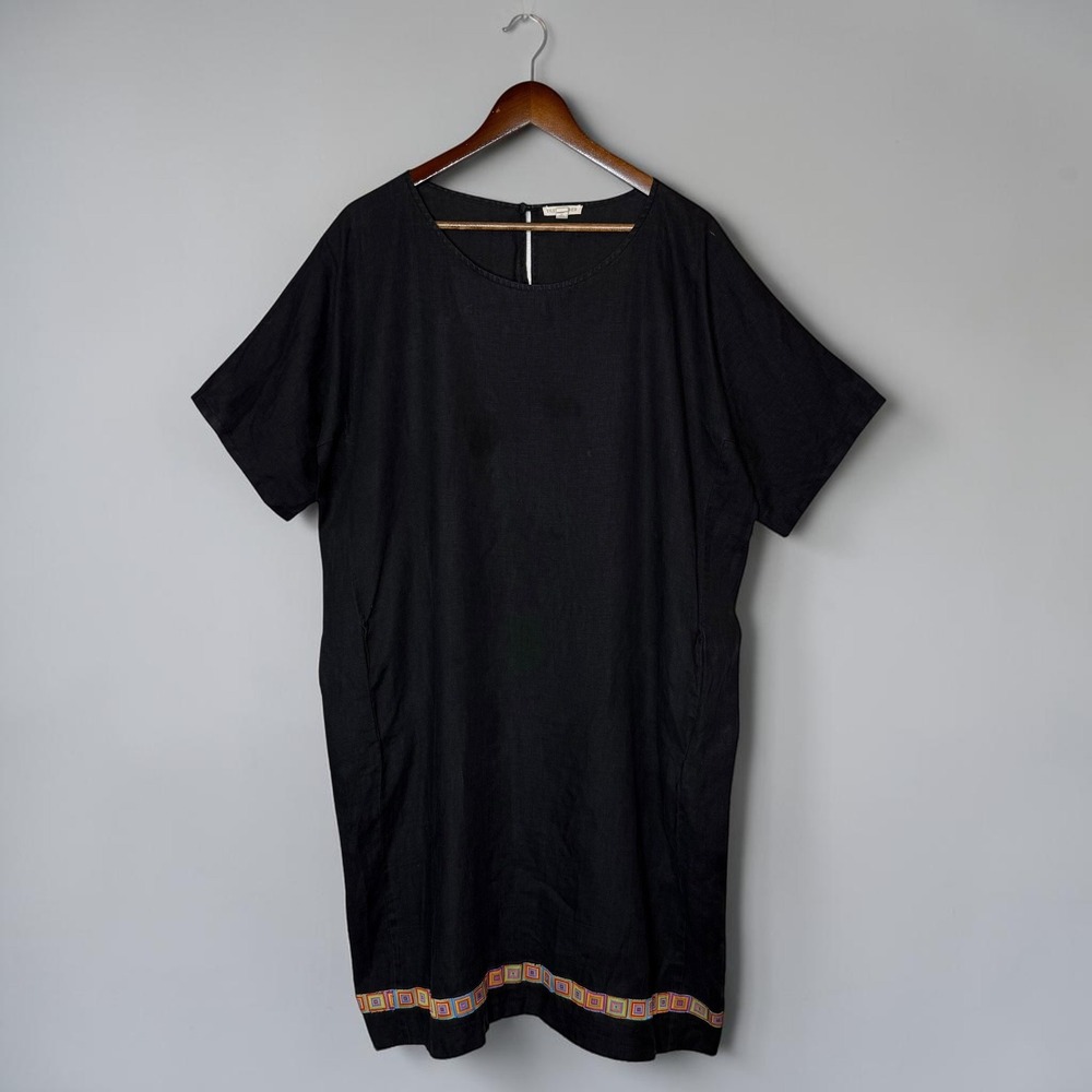 Eileen Fisher Organic Linen Shift Dress Black Short Sleeve Boxy Fit size XL